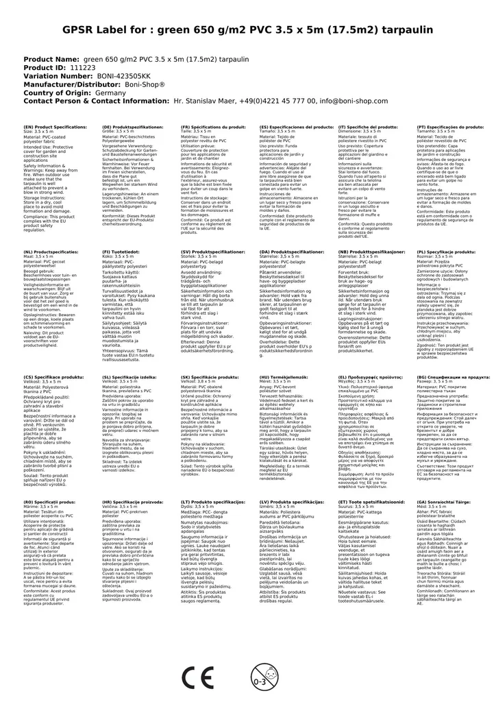 glas 650 g/m² PVC 3,5 x 5m (17,5m²) Clúdach-2