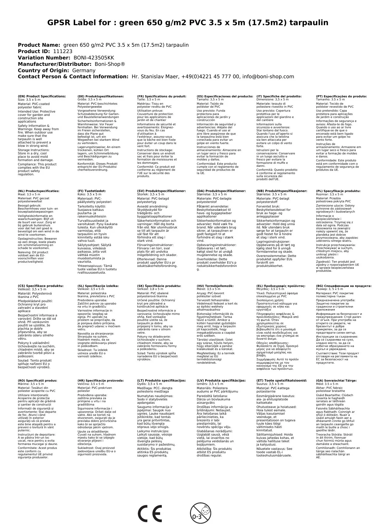 glas 650 g/m² PVC 3,5 x 5m (17,5m²) Clúdach-2