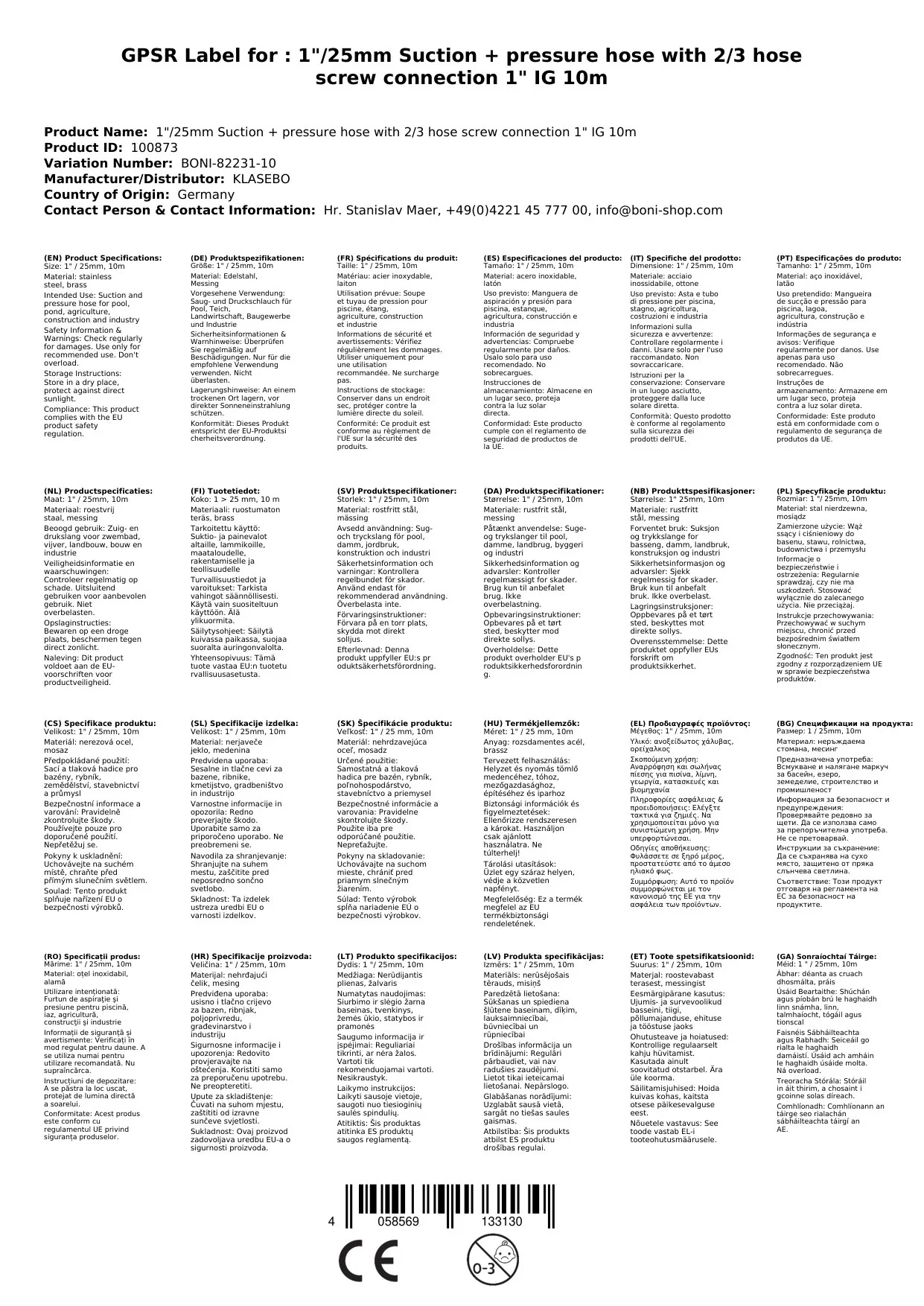 1"/25mm Sughadh agus píobán brú le ceangal píobáin ar an dá thaobh 1" IG 10m-2