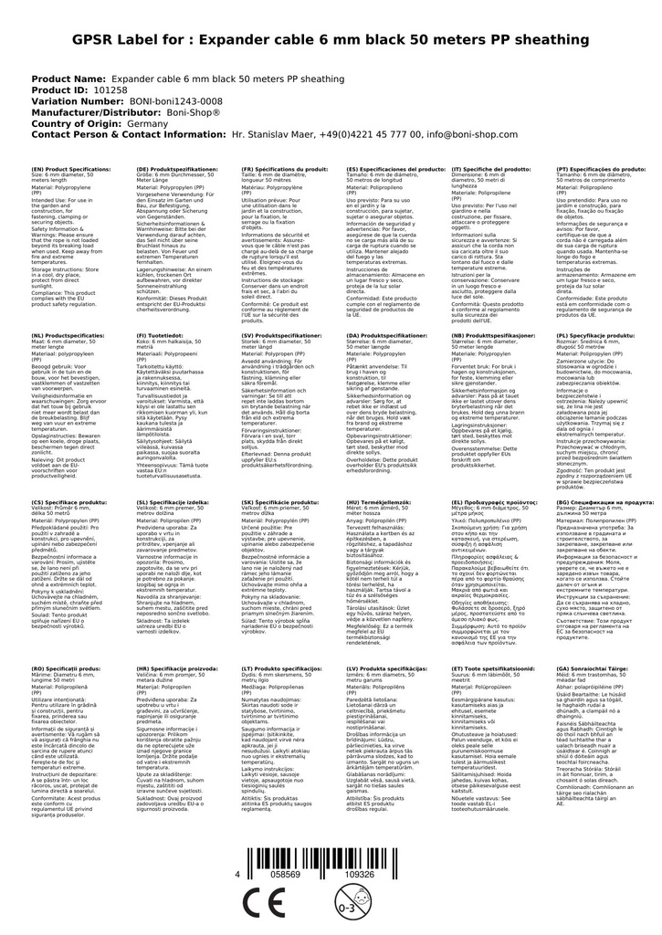 Téad Leathnaithe 6 mm dubh 50 Méadar Clúdach PP-0