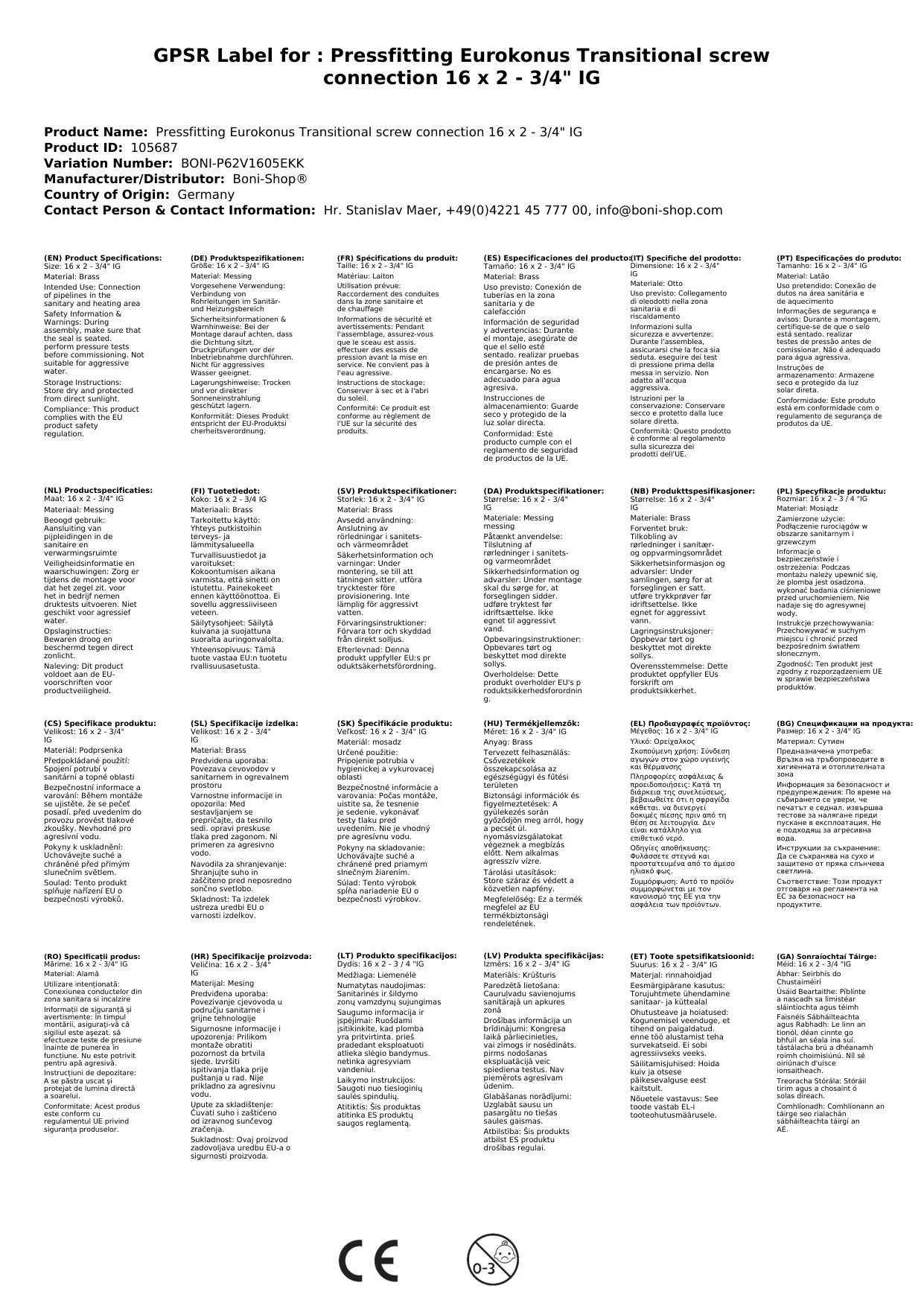 Feistiú brú Eurokonus nasc aistrithe 16 x 2 - 3/4" IG-3