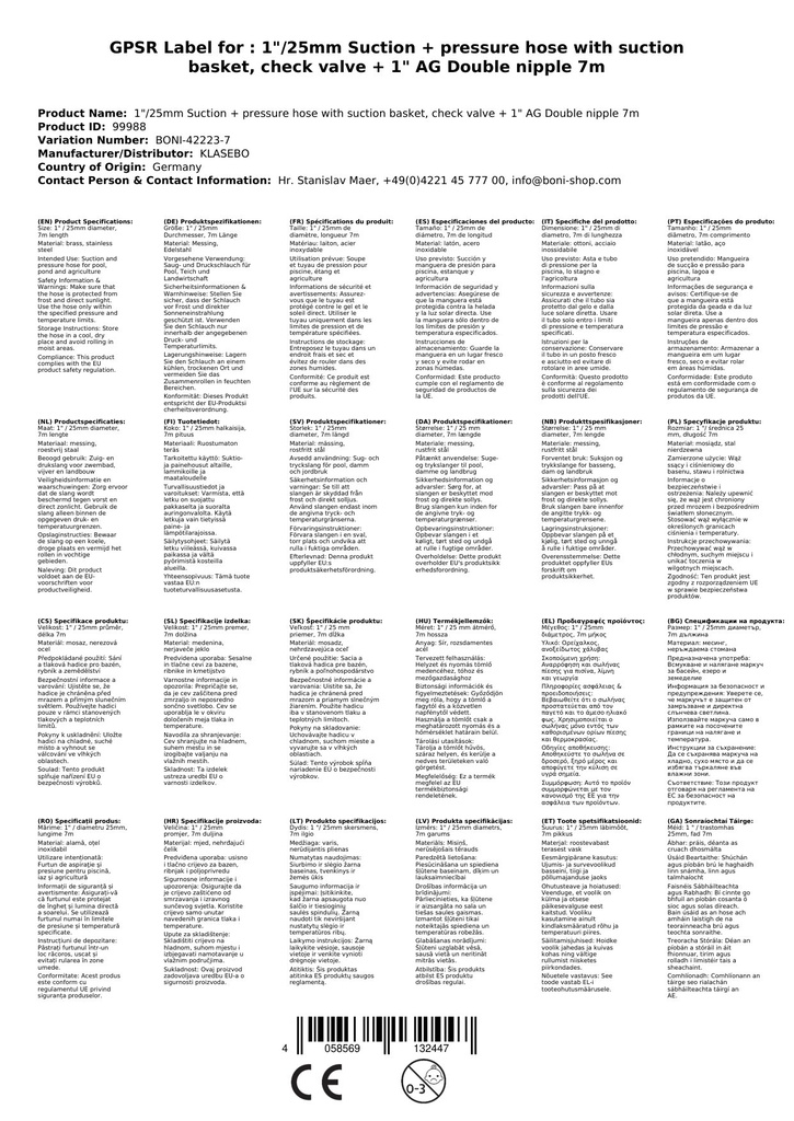 1"/25mm Súchán- + Brúphíobán le Ciseán Súchán, Comhla Frithchúlaithe + 1" AG Dúbailtcheangail 7m-3