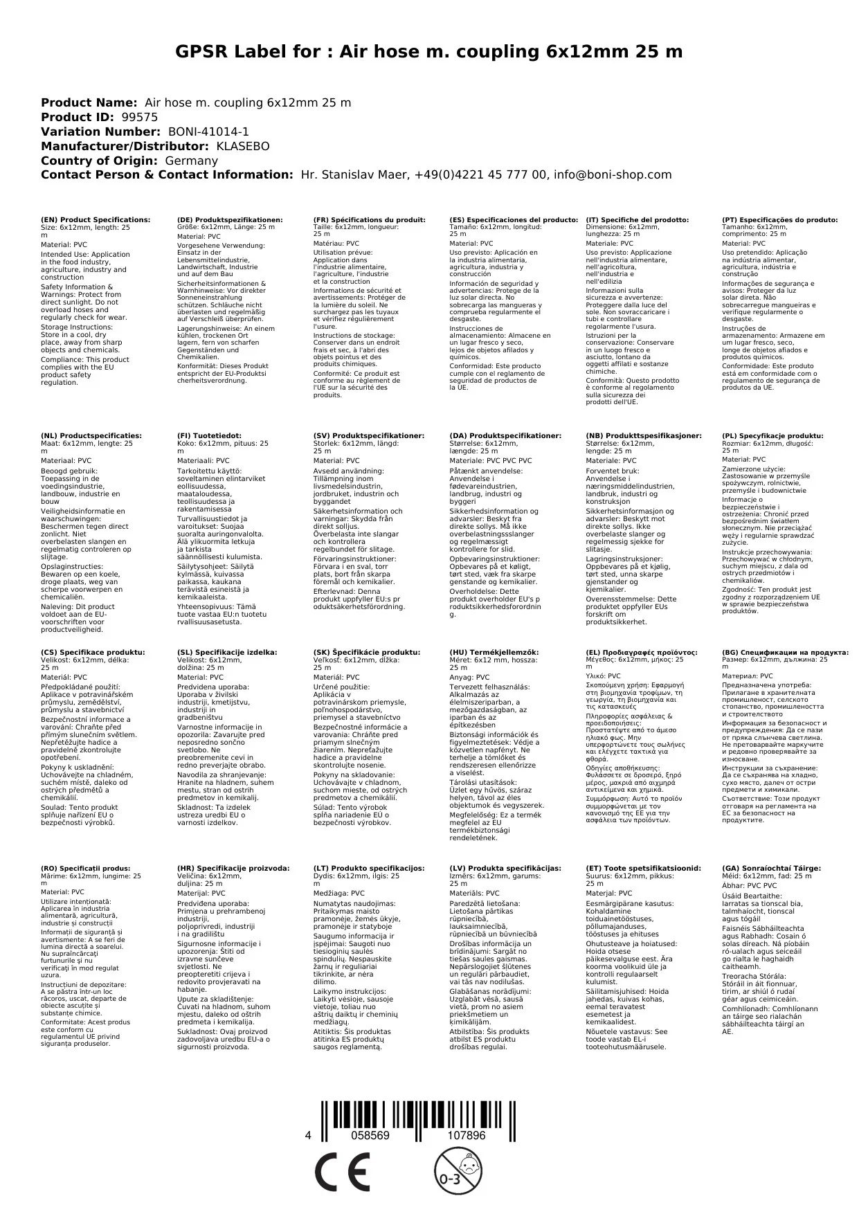 Hose aer comhbhrúite le cúpláil 6x12mm 25 m-3