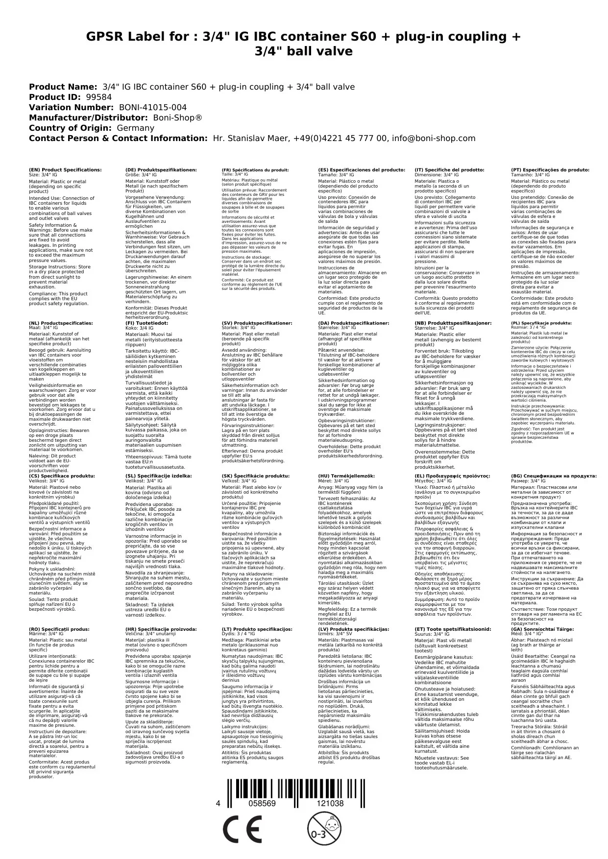 3/4" IG IBC Coimeádán S60 + Steckkupplung + 3/4" Comhla Liathróide-0