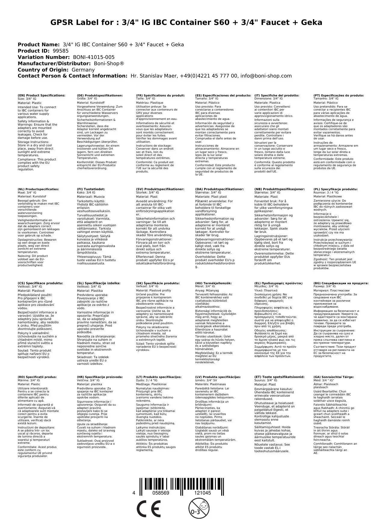3/4" IG IBC Coimeádán S60 + 3/4" Sconna Uisce + Geka-2