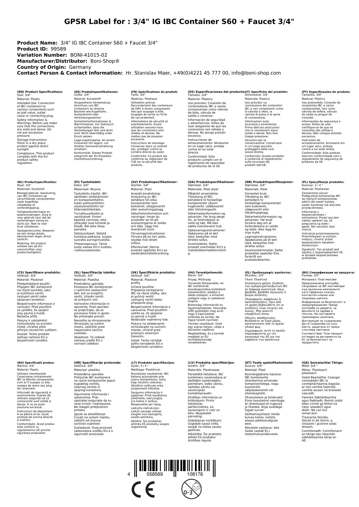 3/4" IG IBC Coimeádán S60 + Sconna Uisce 3/4"-3