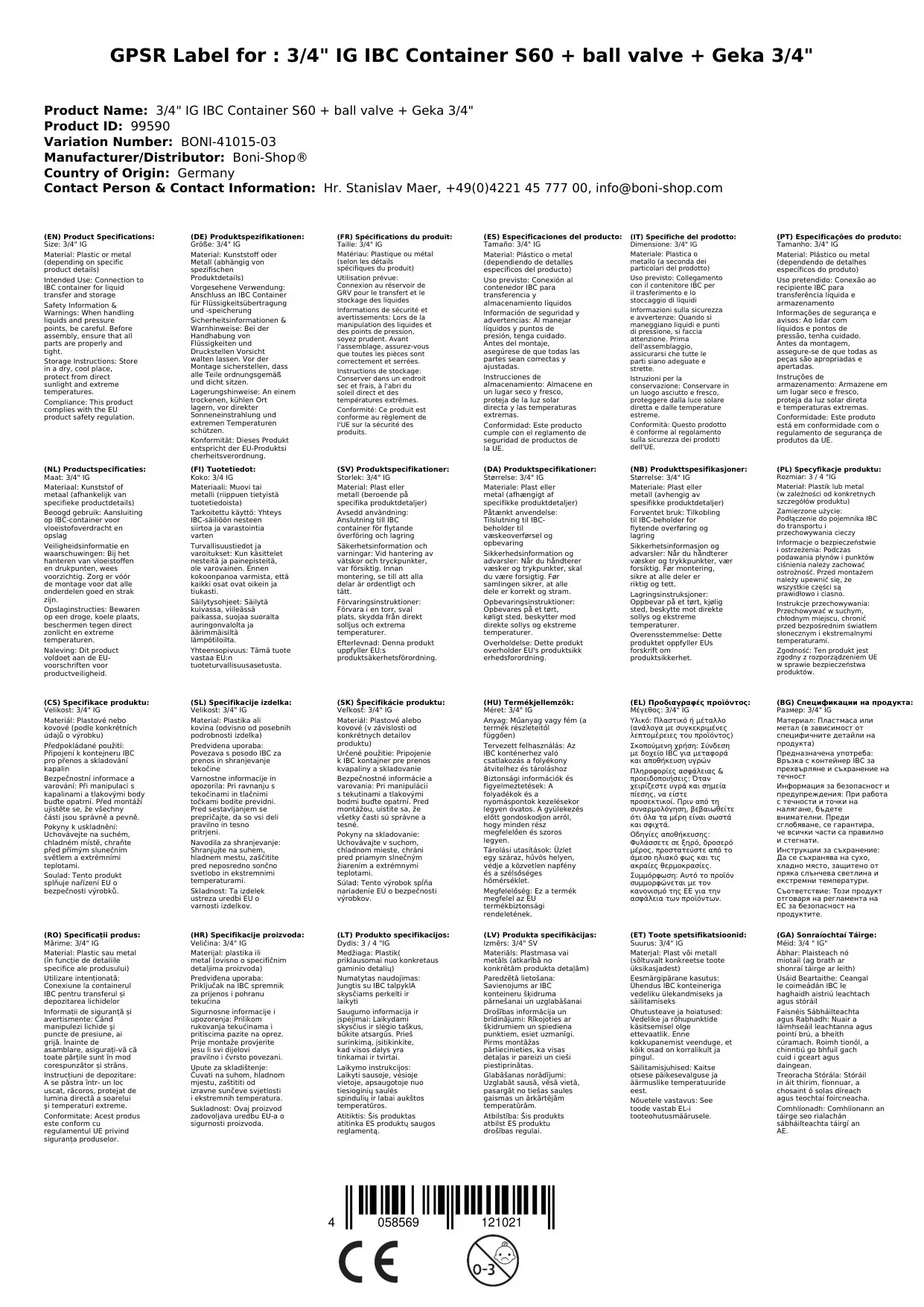 3/4" IG IBC Coimeádán S60 + Comhla Liathróide + Geka 3/4"-1