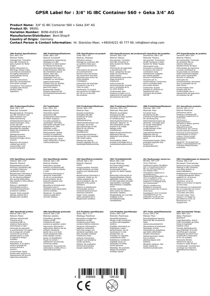 3/4" IG IBC Coimeádán S60 + Geka 3/4" AG-1