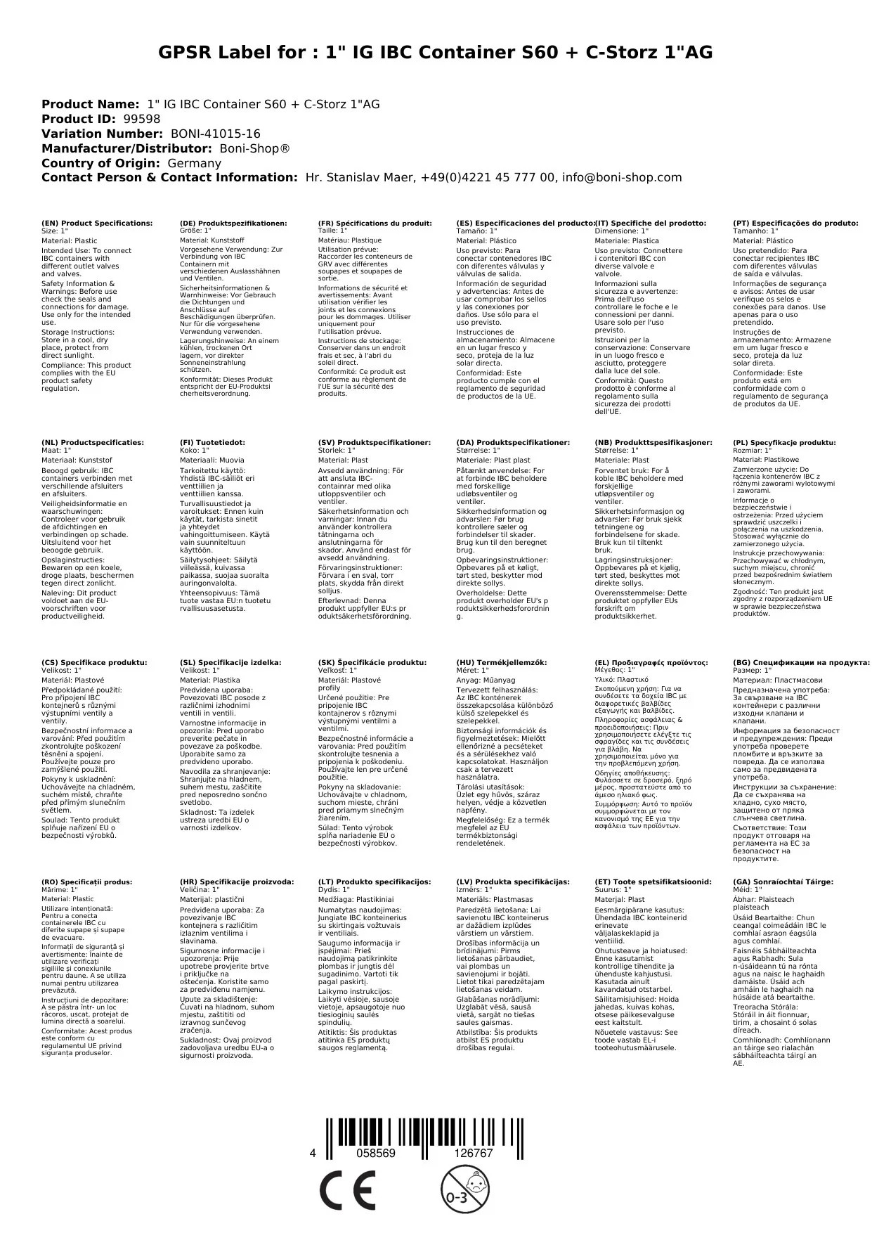 1" IG IBC Coimeádán S60 + C-Storz 1"AG-2