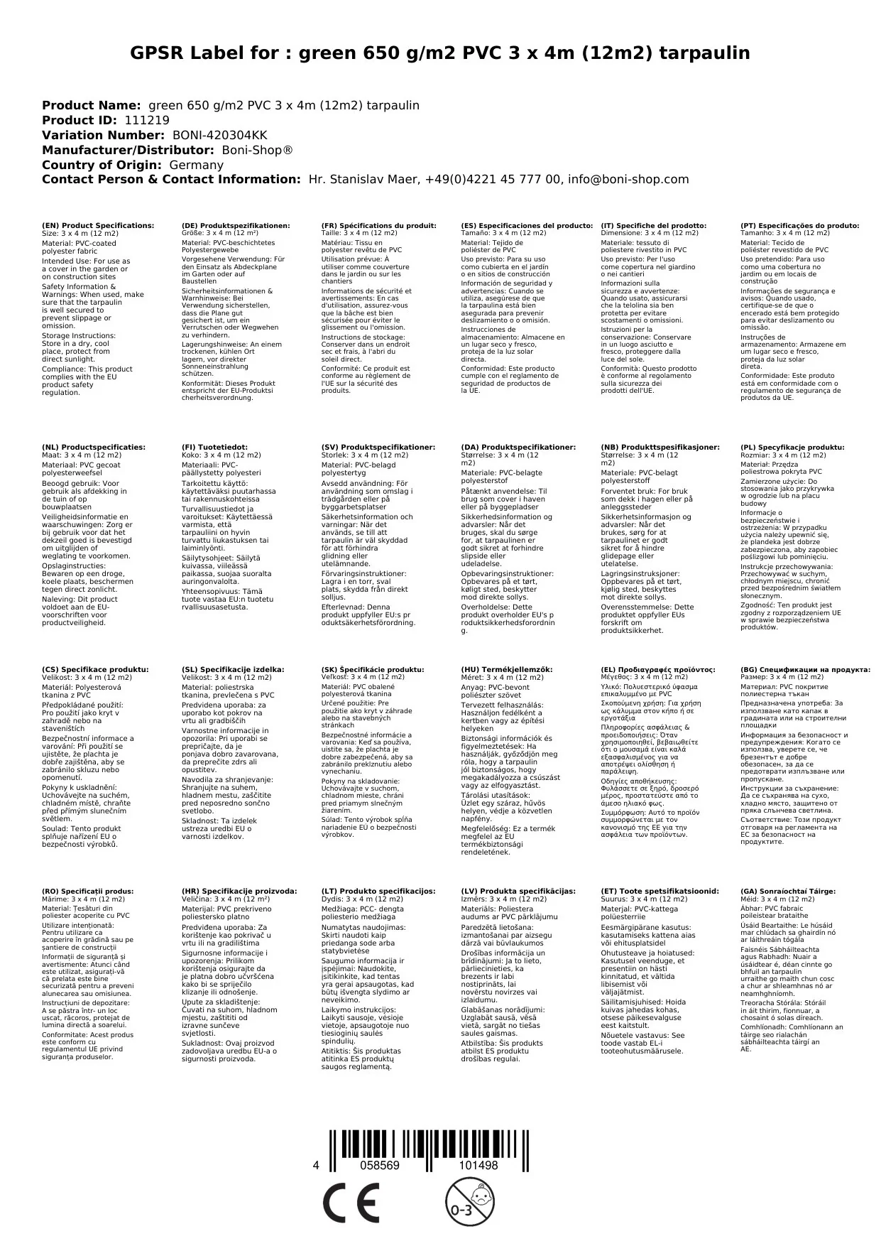 glas 650 g/m² PVC 3 x 4m (12m²) Clúdach-2