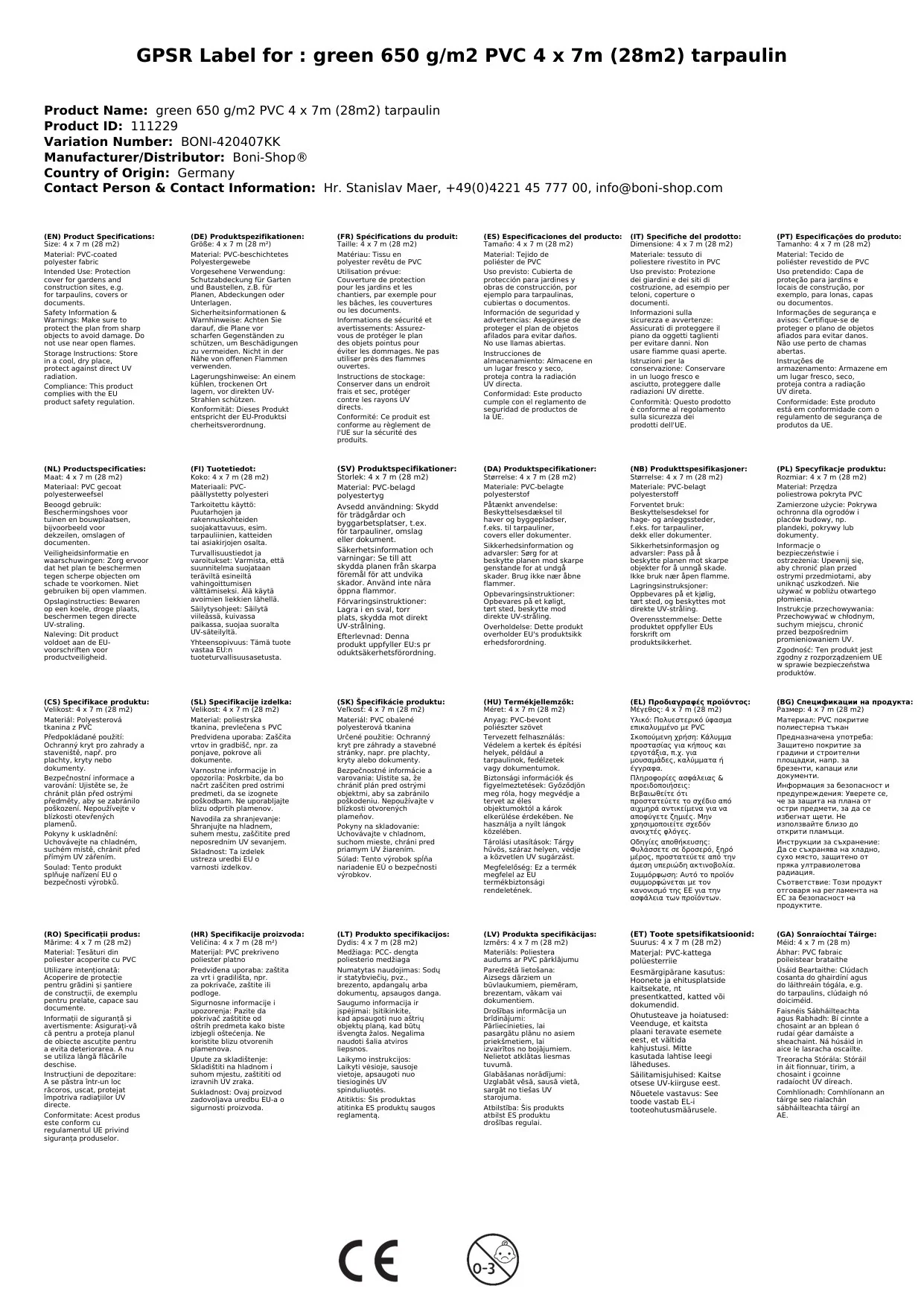glas 650 g/m² PVC 4 x 7m (28m²) Clúdach-2