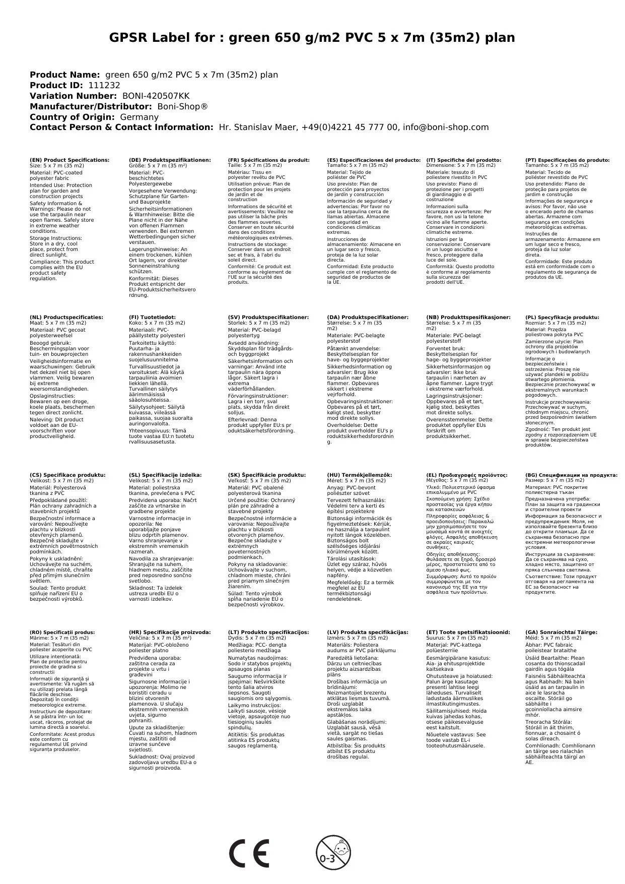 glas 650 g/m² PVC 5 x 7m (35m²) Clúdach-2