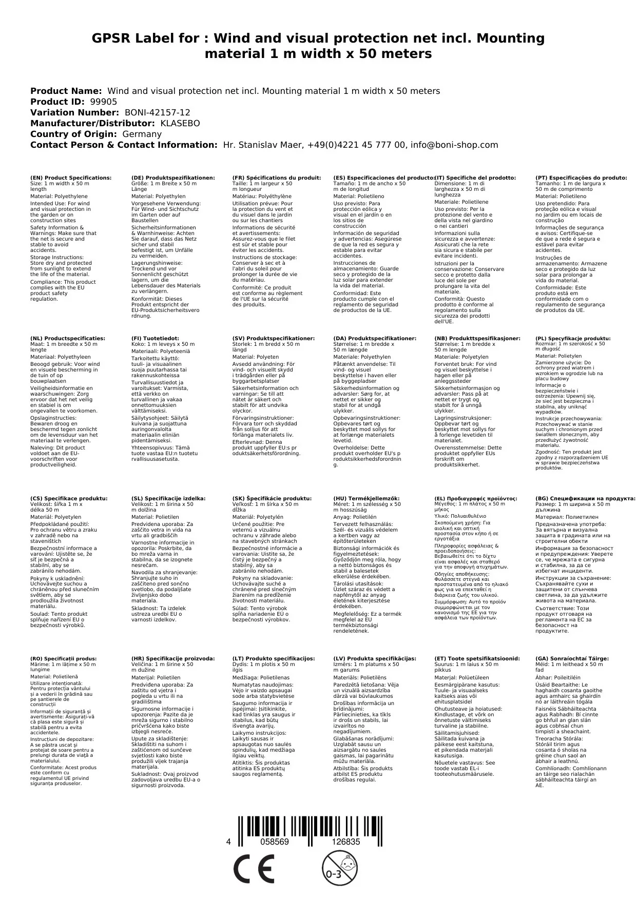 Líonra Cosanta Gaoithe agus Radhairc lena n-áirítear Ábhar Ceangail 1 m Leithead x 50 Méadar Ceangail Cábla-1