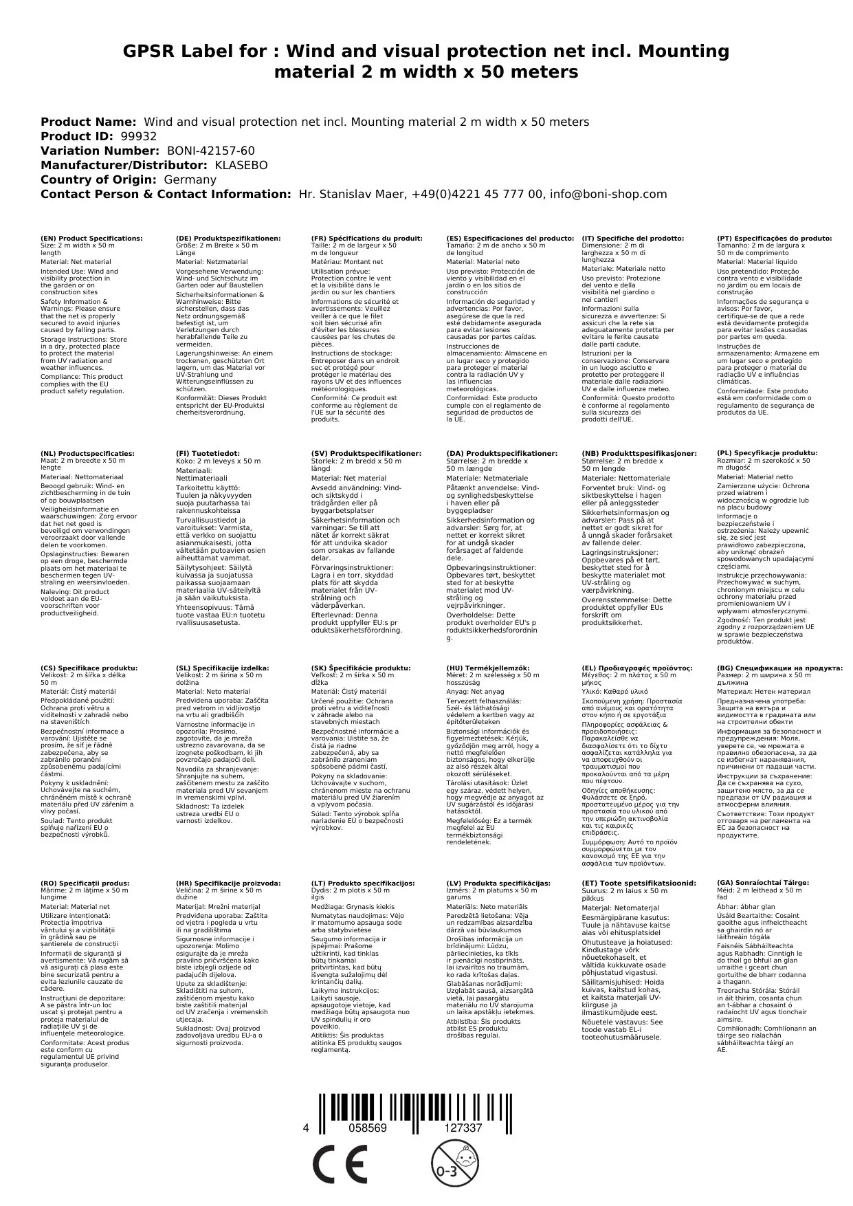 Líonra Cosanta Gaoithe agus Radhairc lena n-áirítear Ábhar Ceangail 2 m Leithead x 50 Méadar Ceangail Cábla-1