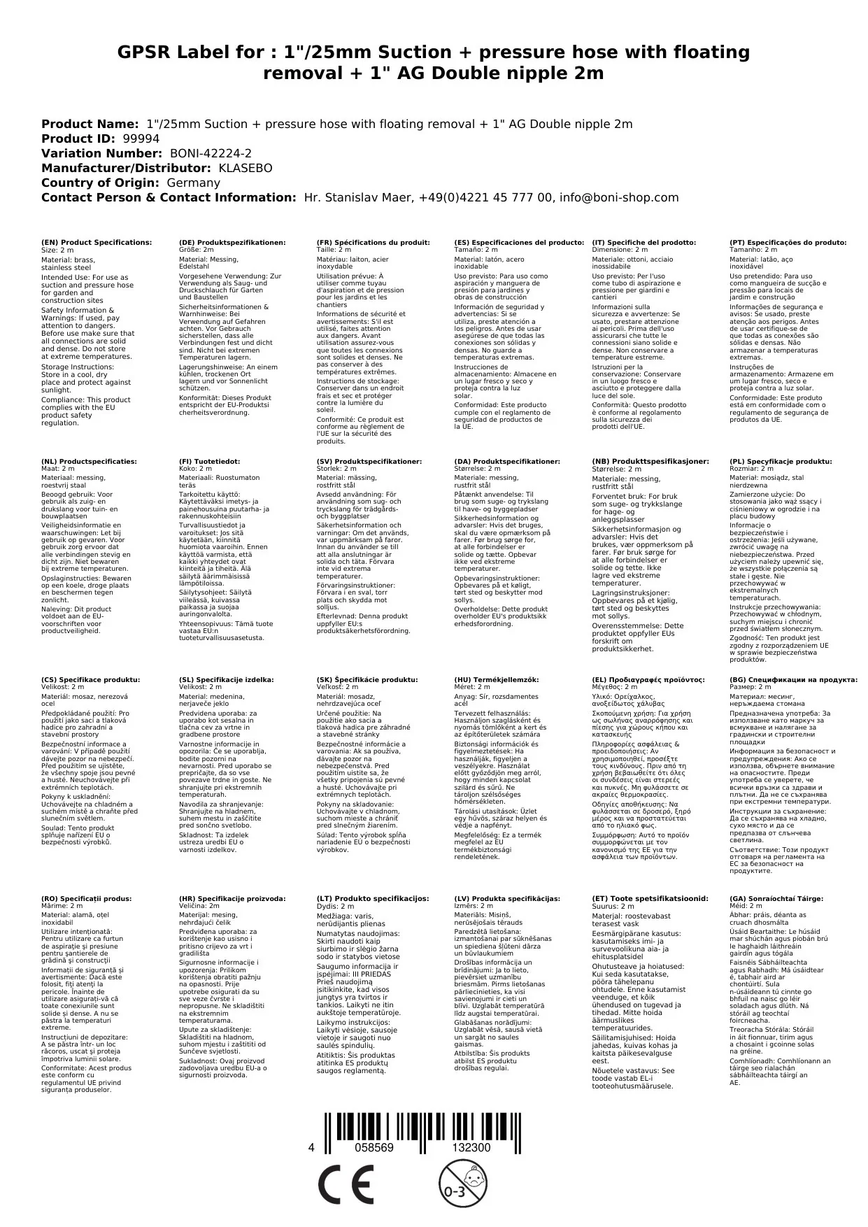 1"/25mm Súc-cuaille + píobán brú le barrróga snámha + 1" AG Nípéad dúbailte 2m-3