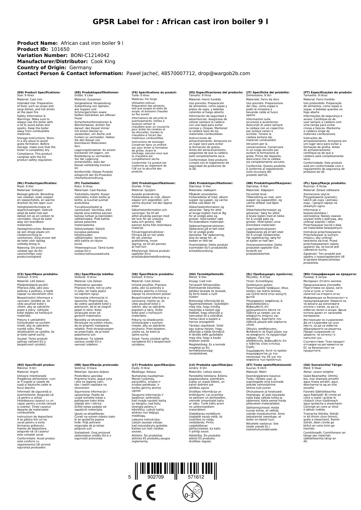Coire Iarainn Teilgthe 9L, Coire Goulash le haghaidh Cócaireachta Lasmuigh