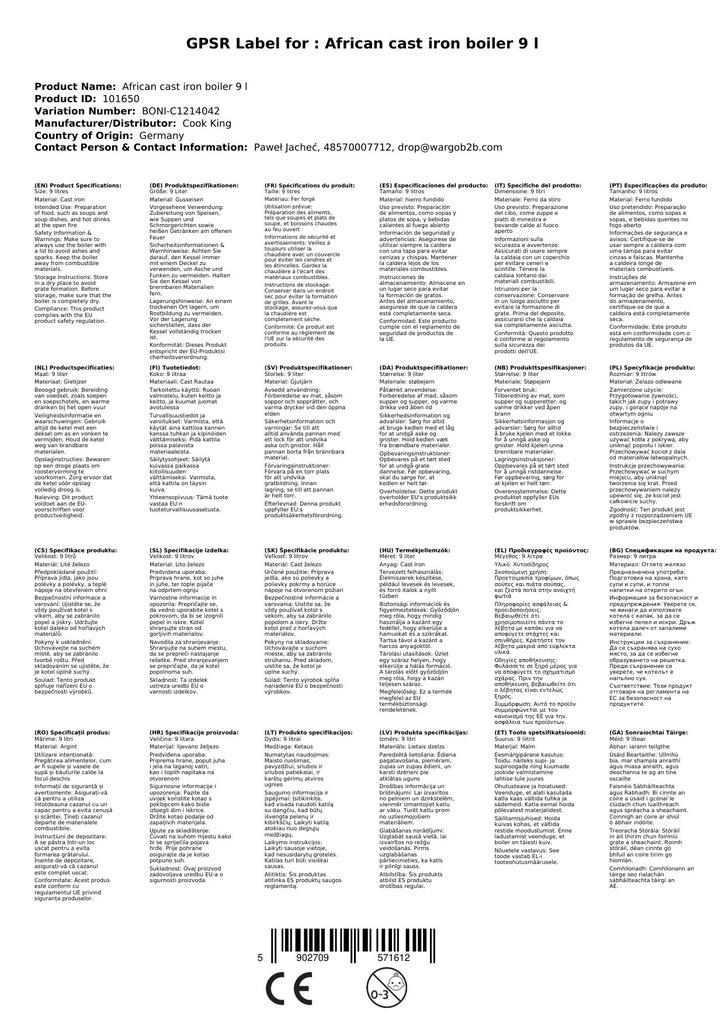 Coire Iarainn Teilgthe 9L, Coire Goulash le haghaidh Cócaireachta Lasmuigh
