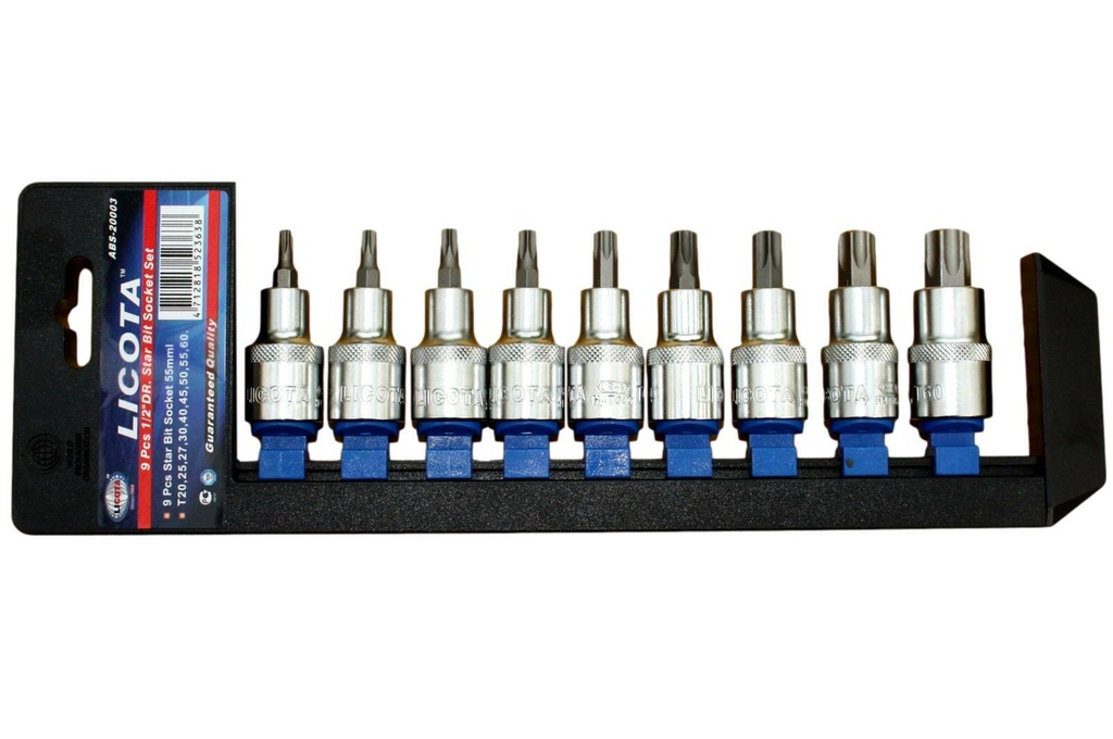 Tacar cnó Torx, Sraith 9 bpíosa, T20-T60, 1/2 orlach, Cruach Cróim Vanadium