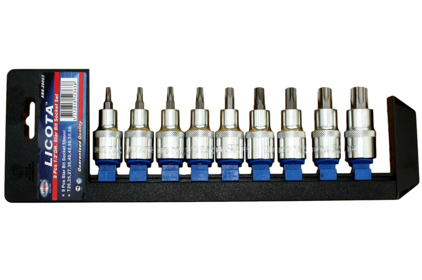 Tacar cnó Torx, Sraith 9 bpíosa, T20-T60, 1/2 orlach, Cruach Cróim Vanadium