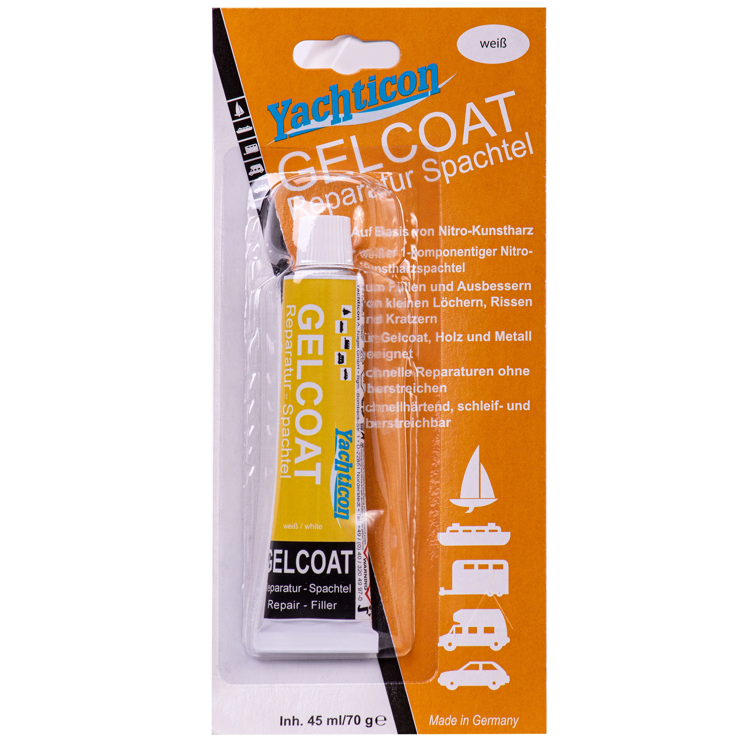 Paiste gliú-bhunaithe bád, Spachtla deisiúcháin bád, Gelcoat bán, 70 g, Feadán spachtla