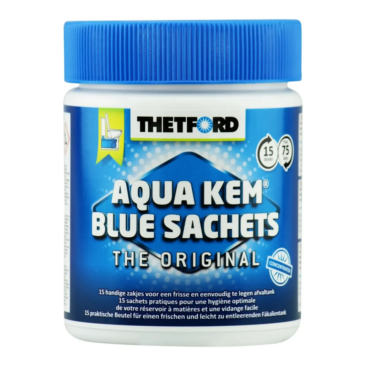 Sachet Gorm Aqua Kem, sachet le haghaidh leithris, ceimiceáin leithris campála, 15 Beutel