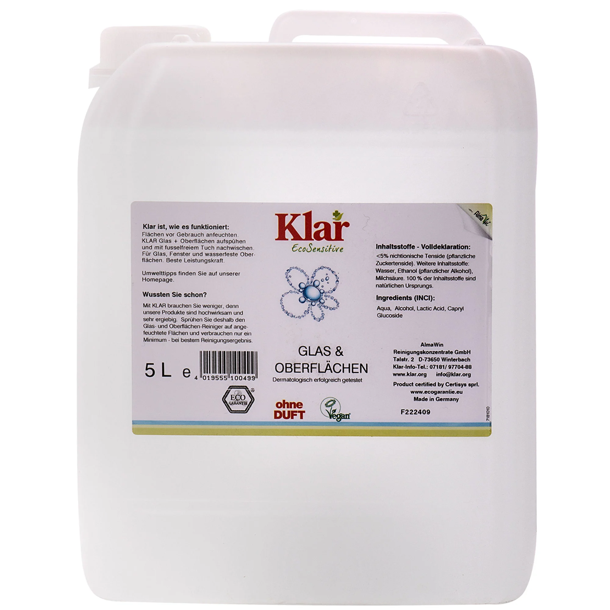 Glanadh gloine 5 lítear, Glanadh dromchlaí, Glanadh gan bholadh