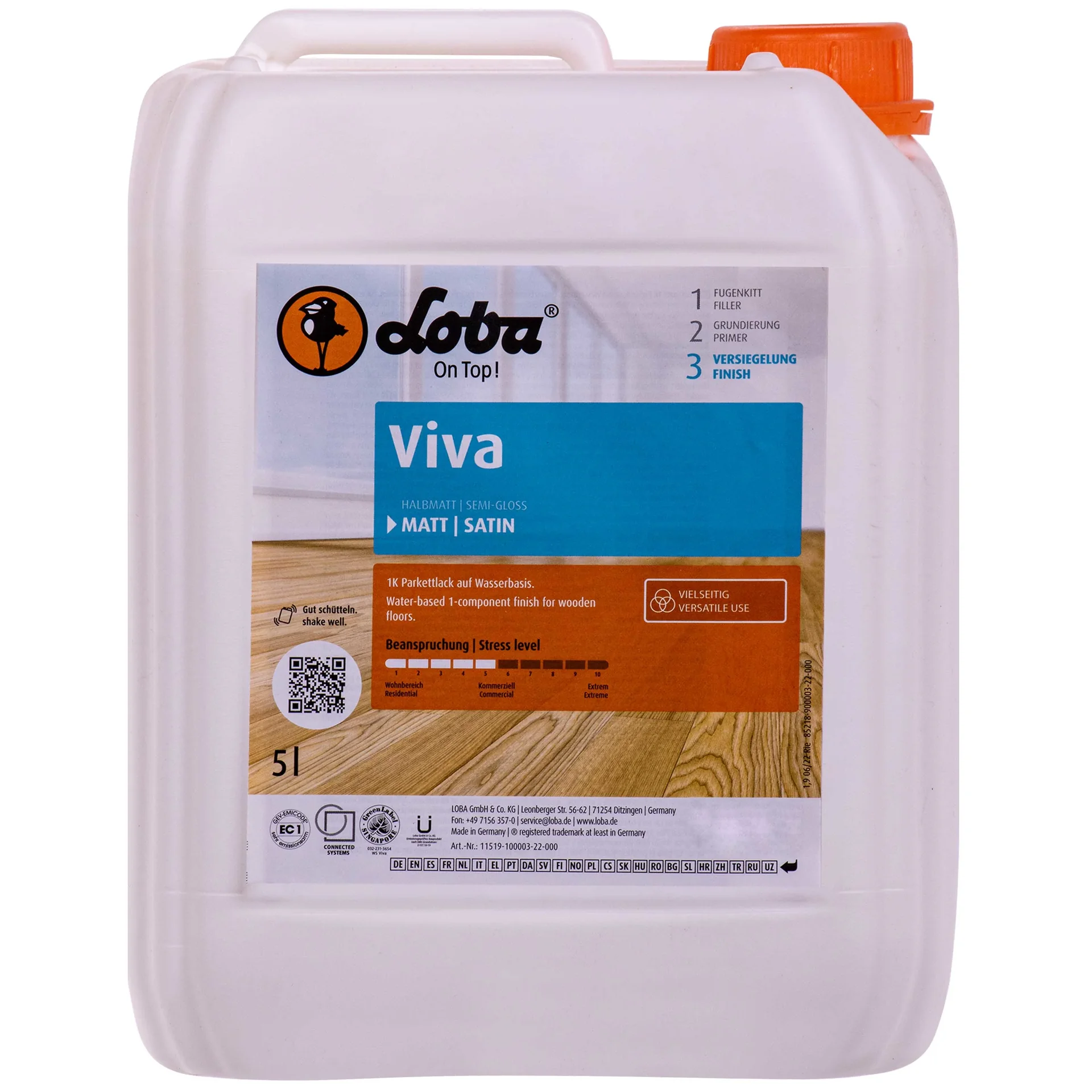 Veainís pháircéad neamhlonrach 5 lítear, Laicir páircéad 1K, matt, Veainís urláir adhmaid