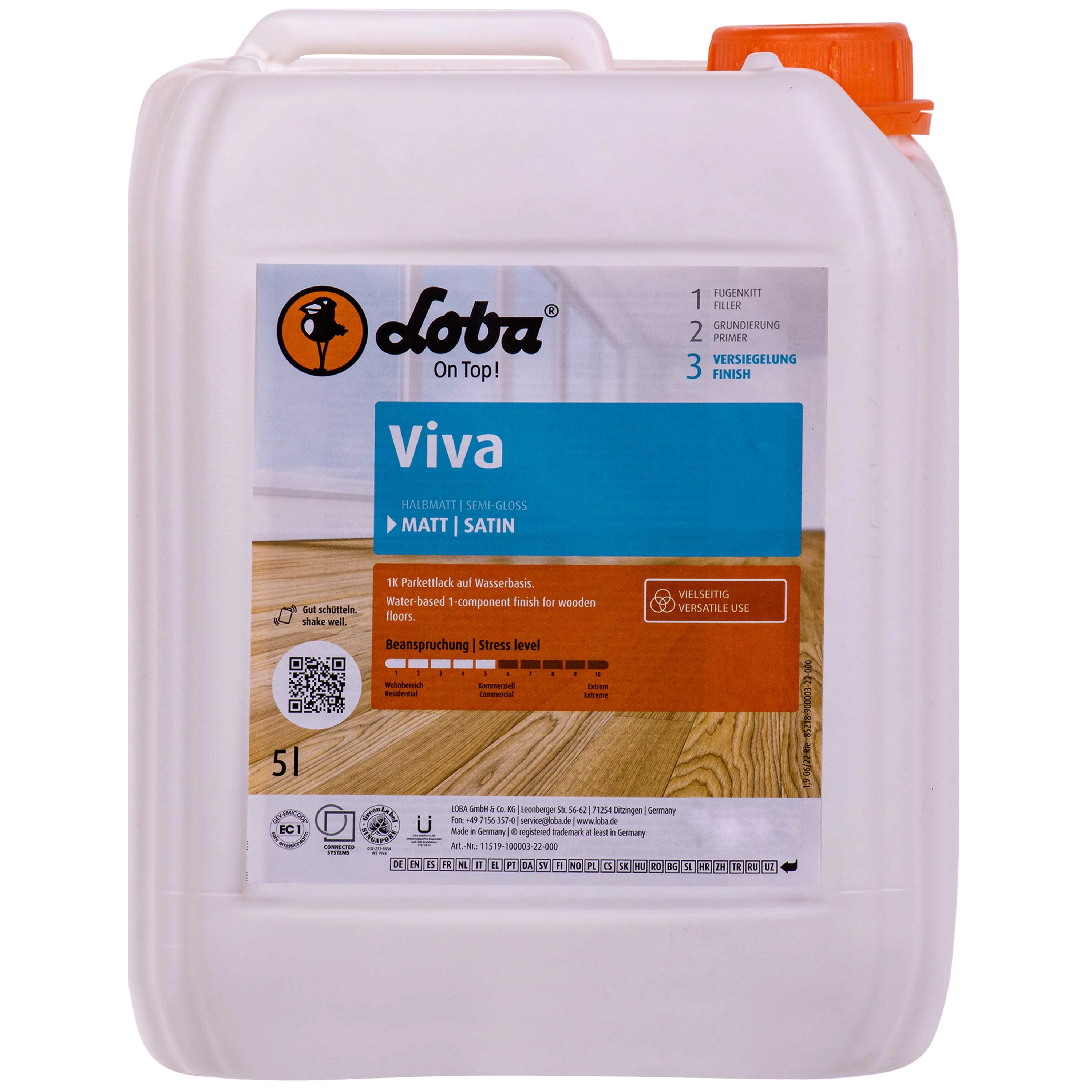 Veainís pháircéad neamhlonrach 5 lítear, Laicir páircéad 1K, matt, Veainís urláir adhmaid