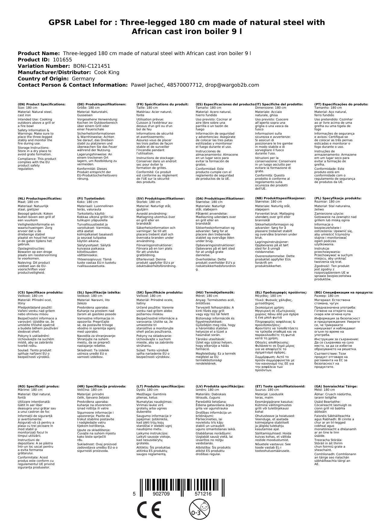 "Gríoscán Trípóideach le Citeal Iarainn Teilgthe, 180cm, 9L image"