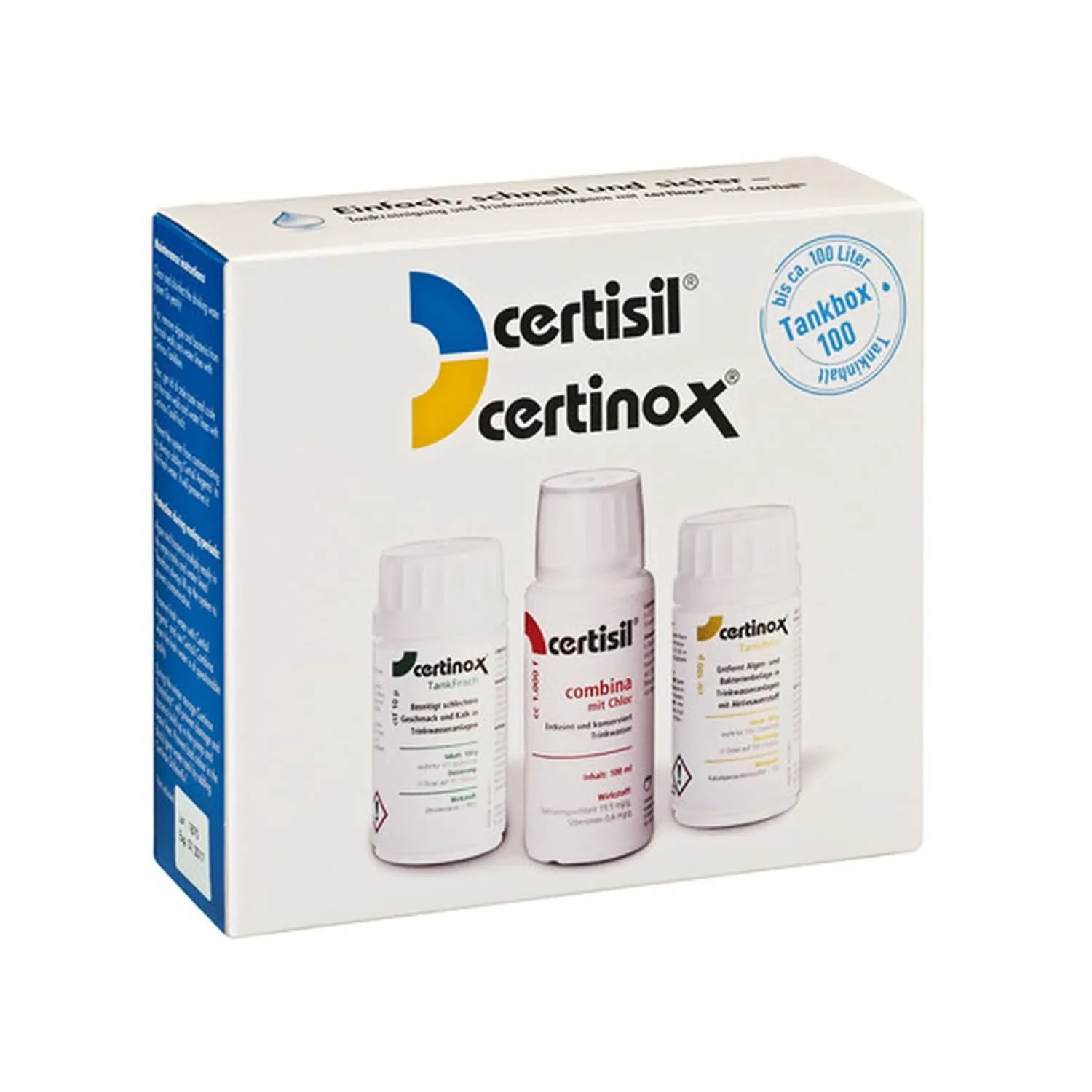 "Uisce glan um umar, CertiBox CB 100, Glanadh umar uisce, Certisil Certinox, Umar uisce iniúchta, bis ca. 100 Liter Tankinhalt image"