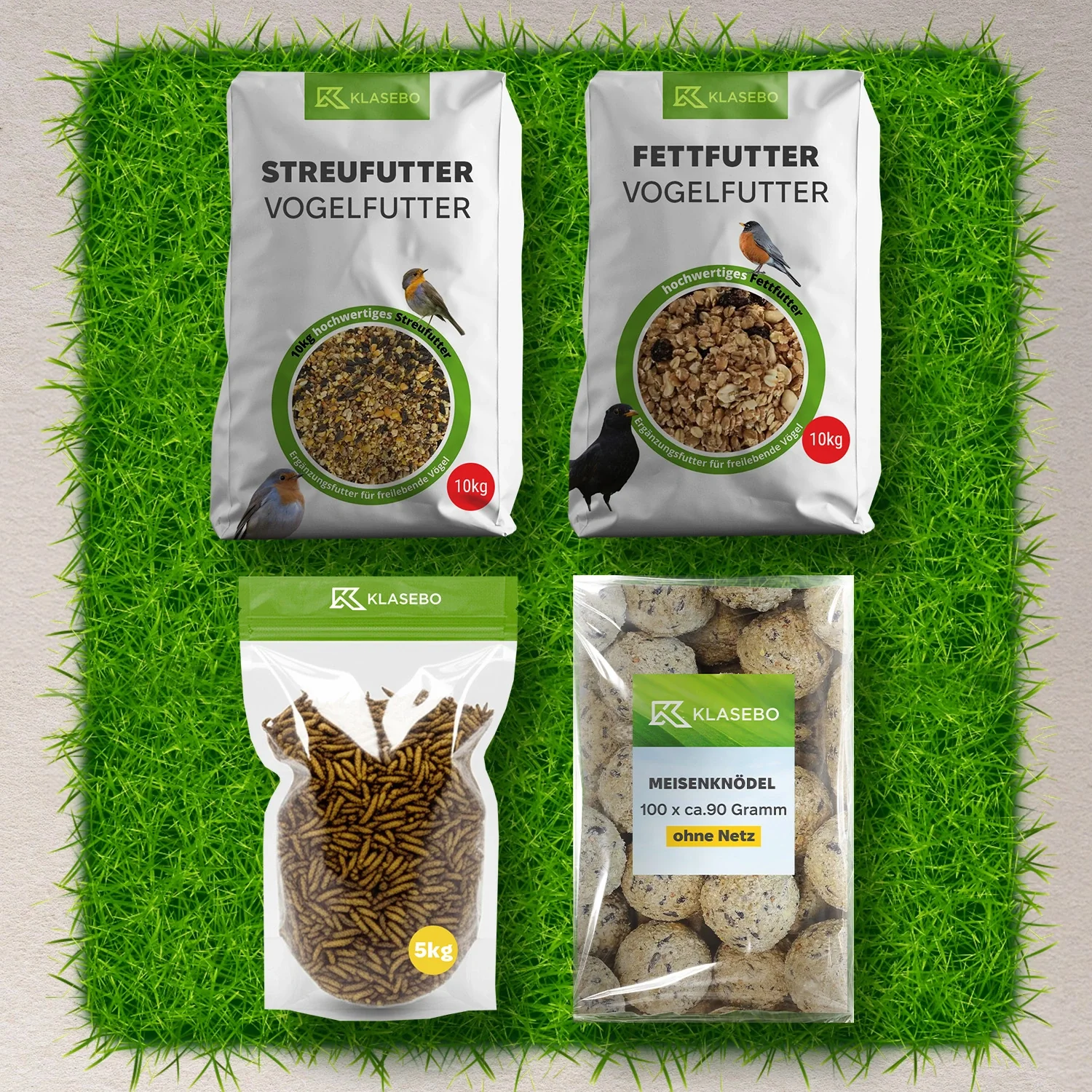 "Set Bia Éan Fiachlóirí Fiáine Préimiam 34kg – Scaoilbia 10kg, larbai sicíní saighdiúla triomaithe 5kg, Liathróidí Saille 100 Stk. à 90g, Meascán Suet Ardphráine 10kg image"